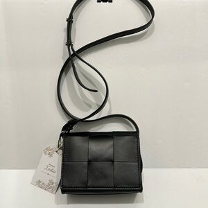 Genuine, leather black woven small box Crossbody purse handcrafted in India
